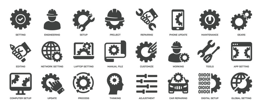 Setting glyph solid icons collection. Containing setup, maintenance, repair. Minimal icon and symbol series vector illustration