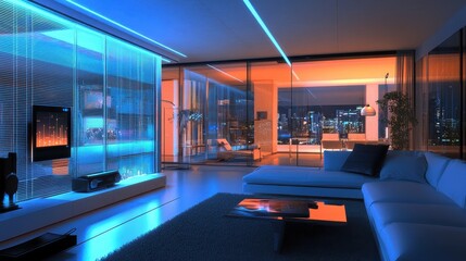 Modern apartment interior with blue and orange lighting showcasing urban skyline at night