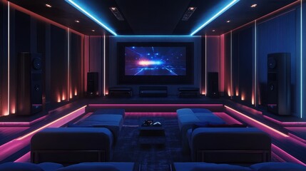 Naklejka premium Modern Home Theater with LED Lighting and Comfortable Seating for Entertainment and Relaxation