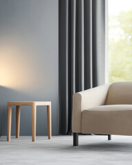 Modern living room interior featuring a beige sofa and wooden side table by a large window