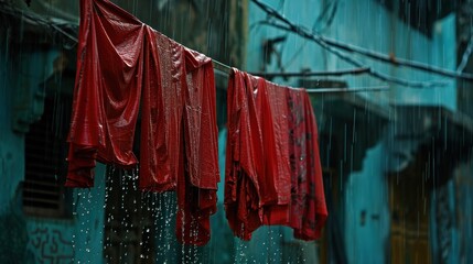 Rain-soaked Clothes: After a downpour, clothes become drenched, clinging to your body and making you feel cold, heavy, and weighed down by the soaking moisture.
