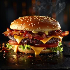 Burger with cheese and bacon on dark background.