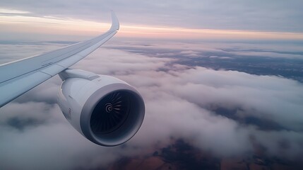 Airplane engine and wing soar through the cloudy morning sky