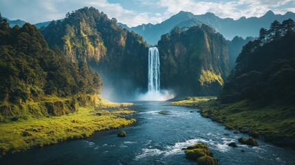 Majestic waterfall cascading into a tranquil river valley, lush green mountains in the background