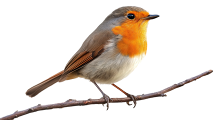 A charming robin perched on a branch with its vibrant red breast, isolated on a transparent background. The bird is beautifully detailed with soft brown and orange feathers.