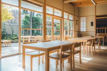 Japanese restaurant interior with garden view
