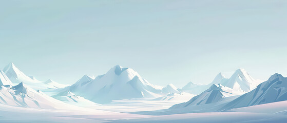 Obraz premium White snow-capped mountain range with gentle snowy slopes and sharp stone teeth against background of pale blue clear gradient sky. Banner. Copy space for text.
