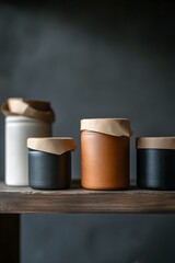 Naklejka premium Rustic ceramic storage containers on wooden shelf against dark backdrop