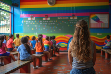 A young teacher explains the LGBT topic to children during a lesson in elementary school, the LGBT flag at school