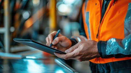 A man in a high-visibility vest writing on a tablet with a stylus, close-up of his hands, while blurred scaffolding and equipment are visible in the background.