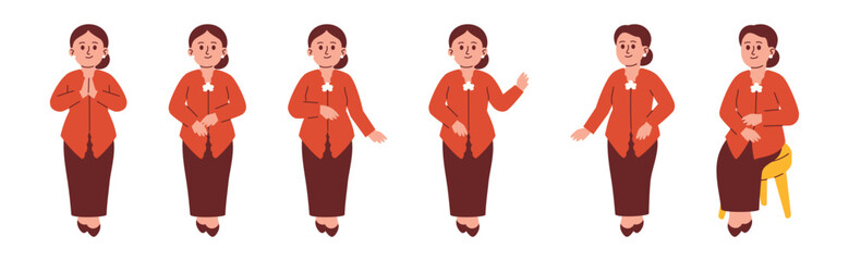 Indonesian Woman Wear Traditional Kebaya Attire with Various Poses
