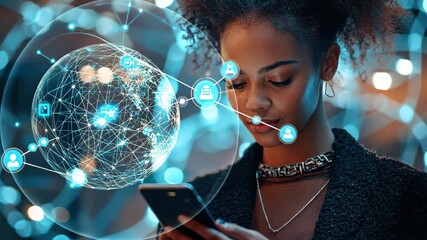 Biracial businesswoman engages with a smartphone in a digital networked environment, globe with network and icons over biracial businesswoman using smartphone - Powered by Adobe