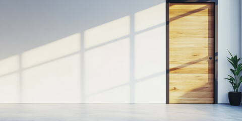 Modern interior design featuring a wooden door and natural light casting shadows on the wall