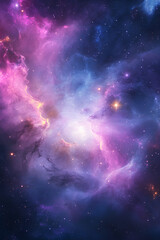 Glowing white galaxy surrounded by misty violet nebulae with golden photon streams illuminating the vast cosmic universe  
