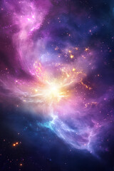 Naklejka premium Glowing white galaxy surrounded by misty violet nebulae with golden photon streams illuminating the vast cosmic universe 