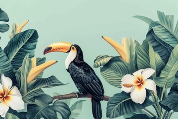 Bananas tree and toucan outdoors tropics nature.