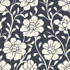 Seamless floral pattern with white flowers and leaves dark background, creating classic and elegant design. richly detailed floral motifs are intertwined with geometric elements, adding