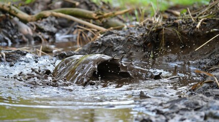 Wet Mud: A soft, sticky mixture of water and soil, often left behind after a rainstorm, creating a messy and difficult surface to navigate.
