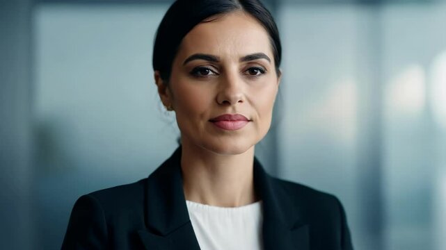 A professional woman stands in a sleek office space, exuding confidence while discussing her experiences in leadership and sharing valuable tips for success in the business world.