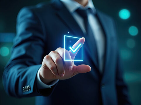 Close-up shot of a businessman's finger interacting with a futuristic virtual interface and is clicking on a glowing checkbox with a check mark accompanied by digital particle effects. The background 