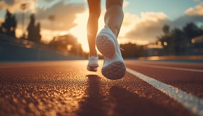 A person running on a track during a beautiful sunset