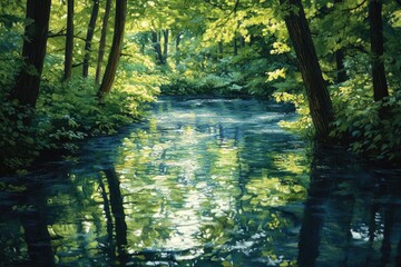 Obraz premium Sun-dappled stream flows through a lush green forest, reflecting the trees and sky.