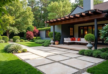 Naklejka premium Refine Outdoor Living: Build a Classic English Garden Patio with a Pergola, Stone Pathways, and Sculptural Art to Enhance Relaxation and Aesthetic Appeal.