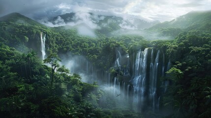Fototapeta premium A Lush and Misty Tropical Waterfall Scene