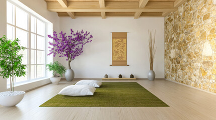 Modern tranquil interior design with natural elements and calming colors in a serene space