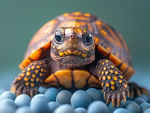 Close-up of a baby turtle with an orange and black shell on blue pebbles