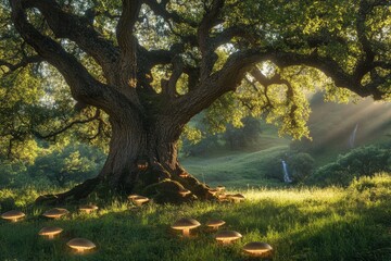 Enormous ancient oak tree in a sun-drenched meadow, illuminated glowing mushrooms at its base.
