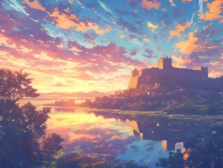 The golden glow of the ancient walls in anime style and the sunrise over the fortress reflected in the calm sea