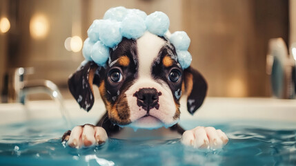 A playful puppy with a bubble bath on its head, peeking out of the water, exuding cuteness and charm in a bright bathing environment