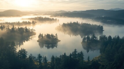 Misty Sunrise Over Islands in a Lake