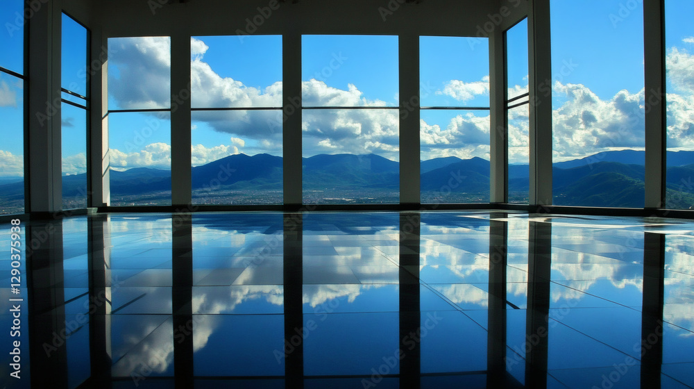 Poster a spacious interior with large windows showcasing a scenic mountain view and reflecting clouds on th