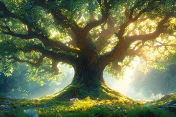 Fototapeta premium Ancient oak tree bathed in sunlight, mossy base, lush green foliage, serene forest scene.