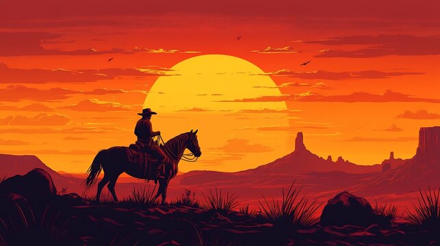 Lone cowboy on horseback silhouetted against a vibrant sunset over a desert landscape.