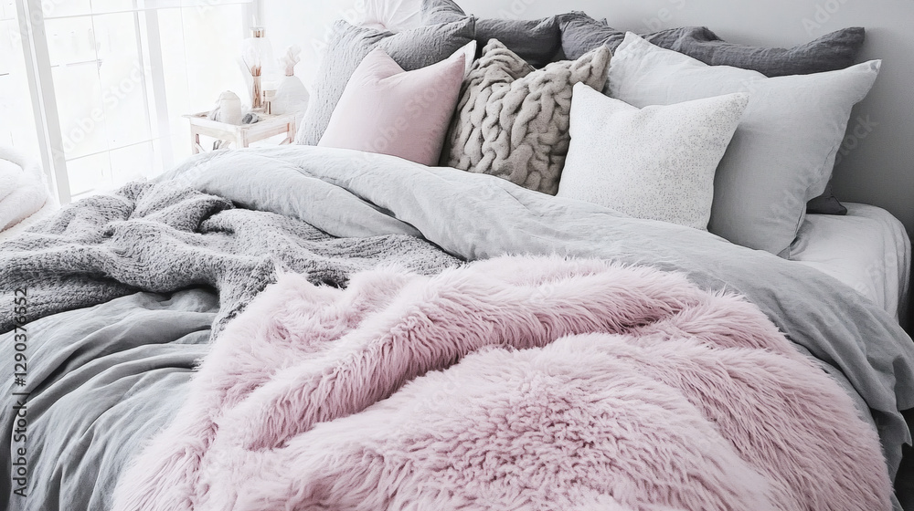 Poster a cozy bed adorned with soft pillows and fluffy blankets in pastel hues, creating a warm and invitin