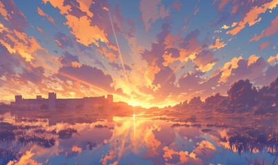 The golden glow of the ancient walls in anime style and the sunrise over the fortress reflected in the calm sea