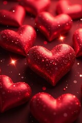 Obraz premium Close up of shimmering red heart shapes with sparkles, cute, holiday, shiny