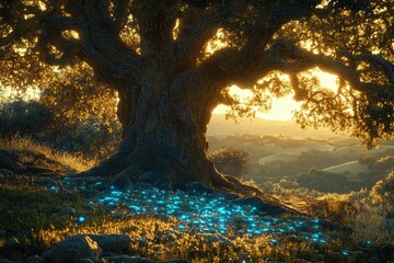 Ancient oak tree at sunset, glowing blue lights illuminate the base, magical scene.