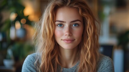 Obraz premium Portrait of confident young woman with freckles and long blonde hair