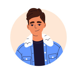 Man, head avatar. Young male character, face portrait in circle. Smiling guy wearing denim jacket with fur, modern style apparel, user profile. Flat vector illustration isolated on white background