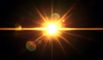 Intense sunlight burst, lens flare, horizon, dark background. Possible use graphic design element, website background