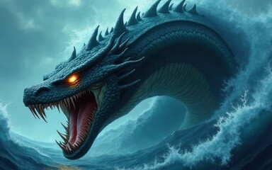 Fototapeta premium Majestic Sea Serpent Dragon Emerging from Ocean Waves Fantasy Art