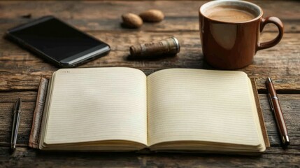 Naklejka premium Blank pages of an open notebook surrounded by a smartphone, pen, and coffee cup