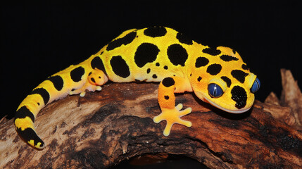Fototapeta premium A bright yellow and black spotted gecko rests on a log, showcasing its vibrant colors against a dark background