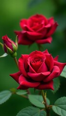 Close-up of stunning burgundy roses against a soft green garden background, flowers, beauty
