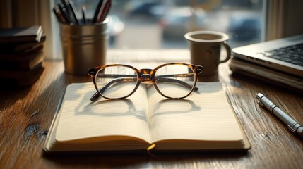Fototapeta premium Notebook open to a blank page on an office desk with a pen, glasses, and a laptop