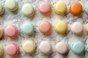 Fototapeta premium A delightful arrangement of colorful macarons on a marble surface.